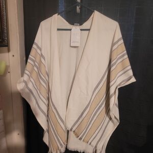 Time and Tru Cream and Taupe Striped Open-Front Poncho with Fringe